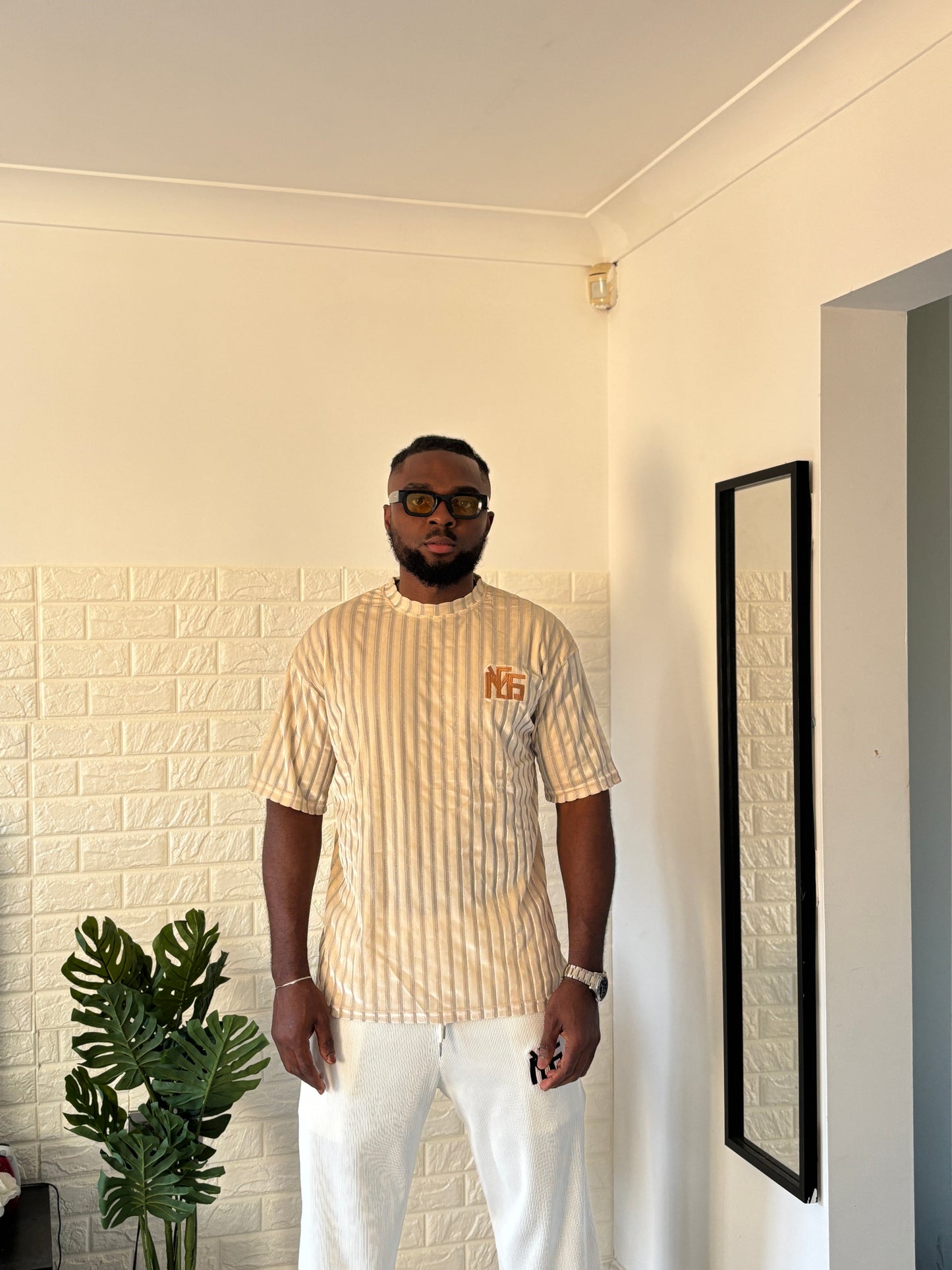 Beige-Colored Velvet Tee-Shirt For Men
